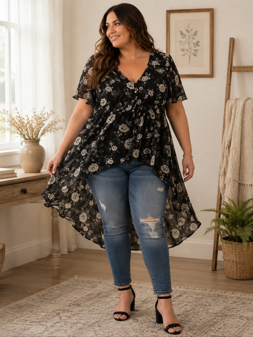 ✨ Torrid Black Floral Chiffon Babydoll Hi Low Top ✨